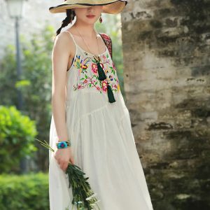 100% Cotton Y2K Style Maxi Dress for Women - Embroidered Spaghetti Strap Summer Dress