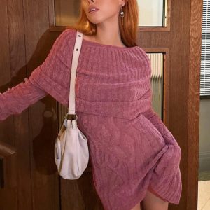 2023 Autumn Winter Slim Rib Knitted Mini Dress with Flare Sleeves - Y2K Bodycon Style