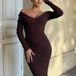 2023 Spring V-Neck Long Sleeve Bodycon Sweater Dress - Y2K Aesthetic Casual Knit Dress