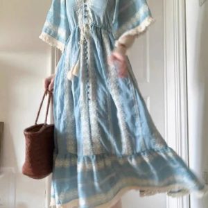 2023 Summer Casual Boho Midi Dress - Elegant Beach & Office Lady Short Sleeve One Piece