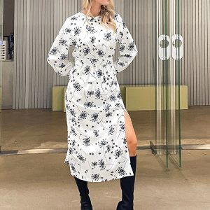 2023 Summer Y2K Floral Print Split Long Sleeve Maxi Dress for Effortless Aesthetic Style