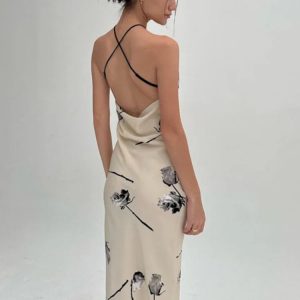 2023 Y2K Floral Print Halter Maxi Dress - Sexy Backless Satin Split for Beach Parties