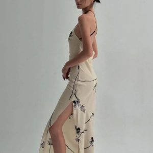 2023 Y2K Floral Print Halter Maxi Dress - Sexy Backless Satin Split for Beach Parties