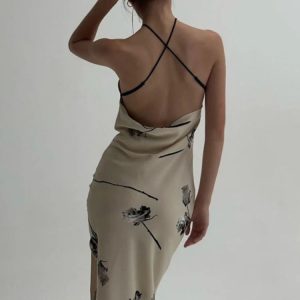 2023 Y2K Floral Print Halter Maxi Dress - Sexy Backless Satin Split for Beach Parties