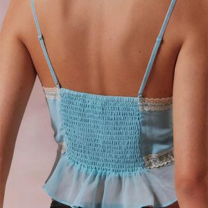 2024 Adjustable Strap Sheer V Neck Mini Vest Crop Top for Y2K Aesthetic Summer Outfits