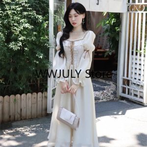 2024 Autumn Long Sleeve Elegant Lace Midi Dress - French Style Casual Party Chic Dress