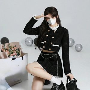 2024 Autumn Vintage Y2K Fashion 2-Piece Dress Set: Black Mini Skirt & Elegant Crop Top