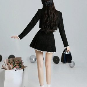 2024 Autumn Vintage Y2K Fashion 2-Piece Dress Set: Black Mini Skirt & Elegant Crop Top