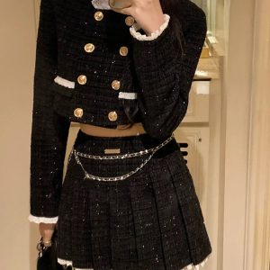 2024 Autumn Vintage Y2K Fashion 2-Piece Dress Set: Black Mini Skirt & Elegant Crop Top