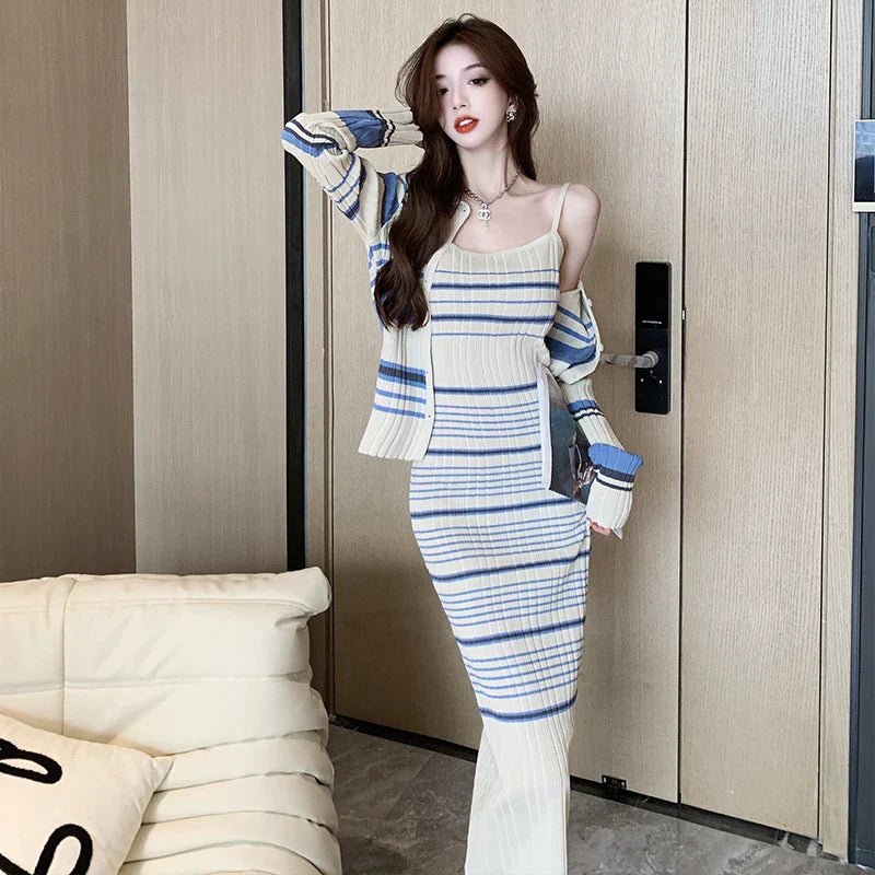 2024 Autumn Winter Stripe Knitted Midi Dress with Long Sleeve Cardigan - Elegant Casual Style