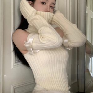 2024 Autumn Women's Y2K Fashion Retro Soft Cashmere Sweater with Removable Sleeves