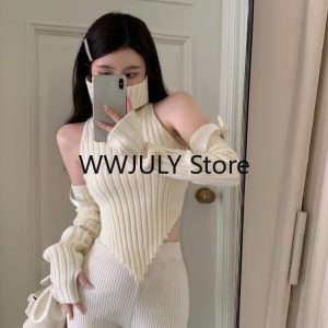 2024 Autumn Women's Y2K Fashion Retro Soft Cashmere Sweater with Removable Sleeves