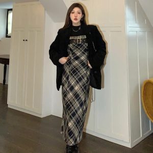 2024 Autumn Y2K Aesthetic Plaid 2-Piece Dress Set: Casual Black Blouse & Vintage Slim Strap Dress