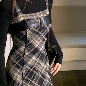 2024 Autumn Y2K Aesthetic Plaid 2-Piece Dress Set: Casual Black Blouse & Vintage Slim Strap Dress