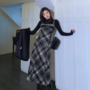 2024 Autumn Y2K Aesthetic Plaid 2-Piece Dress Set: Casual Black Blouse & Vintage Slim Strap Dress