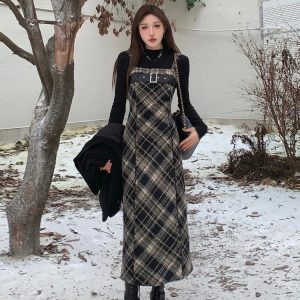 2024 Autumn Y2K Aesthetic Plaid 2-Piece Dress Set: Casual Black Blouse & Vintage Slim Strap Dress