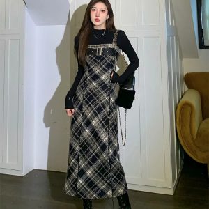 2024 Autumn Y2K Aesthetic Plaid 2-Piece Dress Set: Casual Black Blouse & Vintage Slim Strap Dress