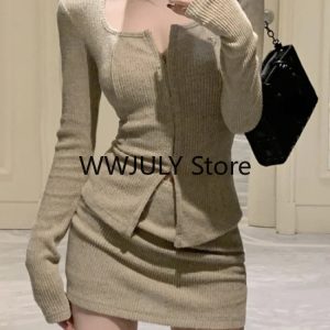 2024 Autumn Y2K Fashion Grey Casual Knitted 2-Piece Set: Elegant Crop Top & High Waist Mini Skirt