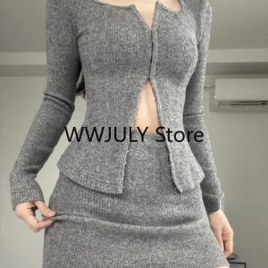 2024 Autumn Y2K Fashion Grey Casual Knitted 2-Piece Set: Elegant Crop Top & High Waist Mini Skirt