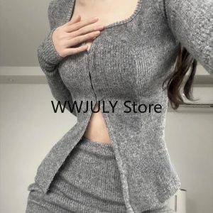 2024 Autumn Y2K Fashion Grey Casual Knitted 2-Piece Set: Elegant Crop Top & High Waist Mini Skirt