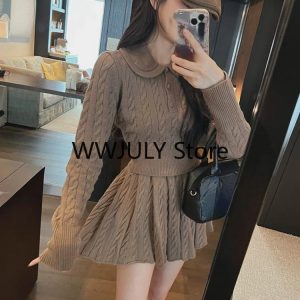 2024 Autumn Y2K Fashion Preppy Style Knitted Sweater Top & Mini Skirt 2-Piece Set