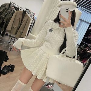 2024 Autumn Y2K Fashion Preppy Style Knitted Sweater Top & Mini Skirt 2-Piece Set