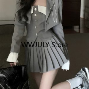 2024 Autumn Y2K Preppy Style Pleated A-Line Skirt Set with Irregular Camisole & Jacket