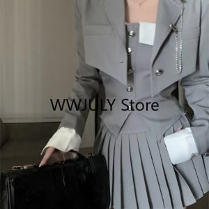 2024 Autumn Y2K Preppy Style Pleated A-Line Skirt Set with Irregular Camisole & Jacket