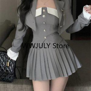 2024 Autumn Y2K Preppy Style Pleated A-Line Skirt Set with Irregular Camisole & Jacket