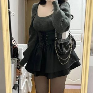 2024 Chic High Waist Black Leather Mini Dress & Casual Knitted Sweater Set - Y2K Style