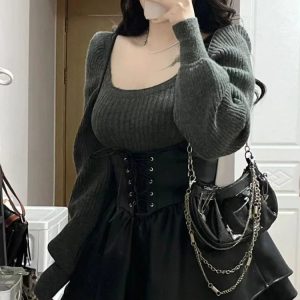 2024 Chic High Waist Black Leather Mini Dress & Casual Knitted Sweater Set - Y2K Style