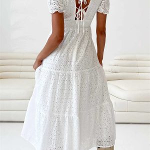 2024 Elegant Women’s Summer A-Line V-Neck Lace Floral Backless Party Dress