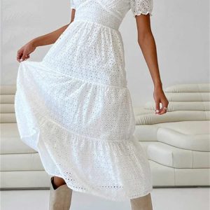 2024 Elegant Women’s Summer A-Line V-Neck Lace Floral Backless Party Dress