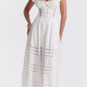 2024 Elegant Y2K Lace Hollow Out High Waist White Summer Dress for Chic Outfits