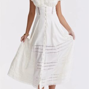 2024 Elegant Y2K Lace Hollow Out High Waist White Summer Dress for Chic Outfits