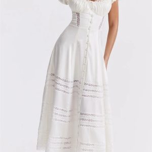 2024 Elegant Y2K Lace Hollow Out High Waist White Summer Dress for Chic Outfits