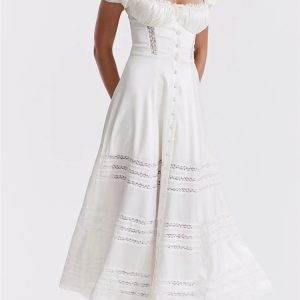 2024 Elegant Y2K Lace Hollow Out High Waist White Summer Dress for Chic Outfits