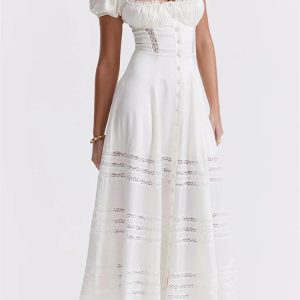 2024 Elegant Y2K Lace Hollow Out High Waist White Summer Dress for Chic Outfits