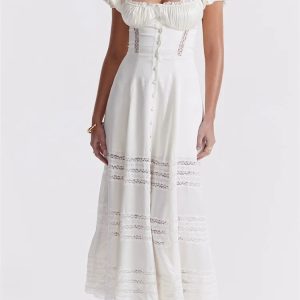 2024 Elegant Y2K Lace Hollow Out High Waist White Summer Dress for Chic Outfits