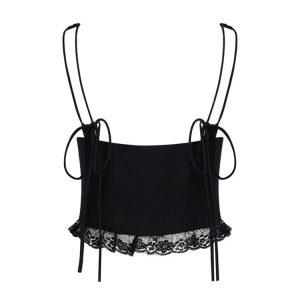 2024 Fairy Grunge Lace Front Tie-Up Spaghetti Strap Crop Top Mini Vest for Aesthetic Outfits