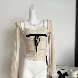 2024 Fall Winter Y2K Fashion Two Piece Set: Cropped Sweater & Jumper Knitwear for Gyaru Style