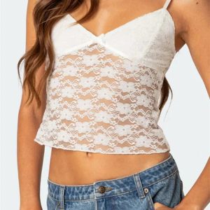 2024 Floral Lace Backless Spaghetti Strap Crop Top - Y2K Aesthetic Summer Streetwear Vest