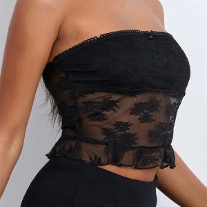 2024 Floral Lace Mesh Strapless Off-Shoulder Crop Top - Y2K Aesthetic Summer Party Style