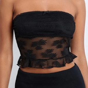 2024 Floral Lace Mesh Strapless Off-Shoulder Crop Top - Y2K Aesthetic Summer Party Style