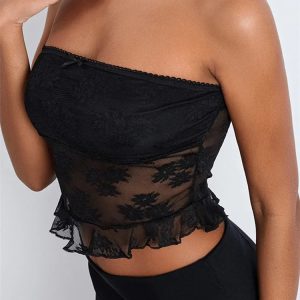 2024 Floral Lace Mesh Strapless Off-Shoulder Crop Top - Y2K Aesthetic Summer Party Style