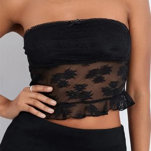 2024 Floral Lace Mesh Strapless Off-Shoulder Crop Top - Y2K Aesthetic Summer Party Style