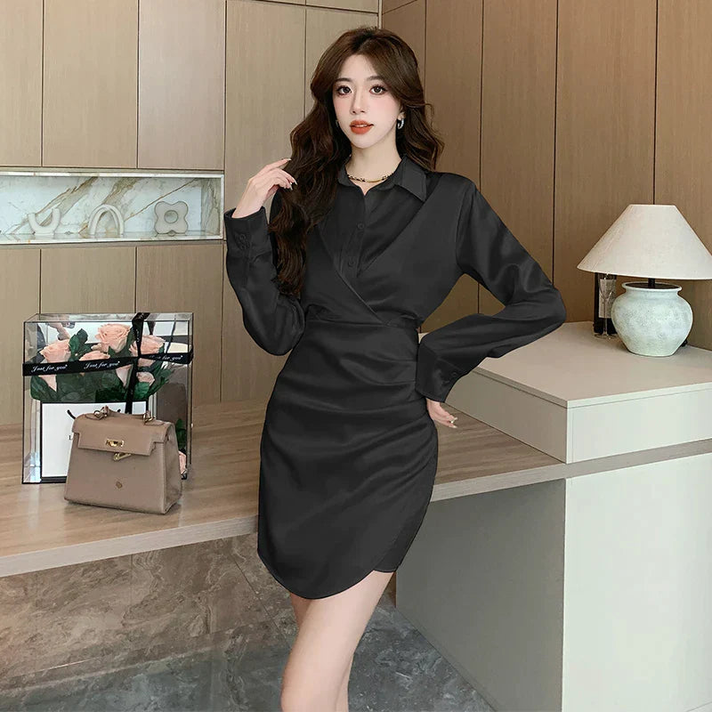 2024 French Vintage Satin Mini Dress - Long Sleeve V-Neck, Slim Fit, Elegant Office & Prom Style