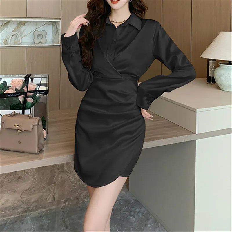 2024 French Vintage Satin Mini Dress - Long Sleeve V-Neck, Slim Fit, Elegant Office & Prom Style