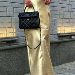 2024 High Waist Splice PU Maxi Skirt for Women - Loose Solid Street Fashion Skirt