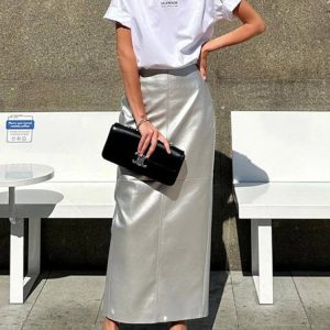 2024 High Waist Splice PU Maxi Skirt for Women - Loose Solid Street Fashion Skirt